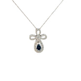 14k White Gold .40ct Pear Shape Sapphire and .25ct G SI1 Round Diamond Cross Necklace